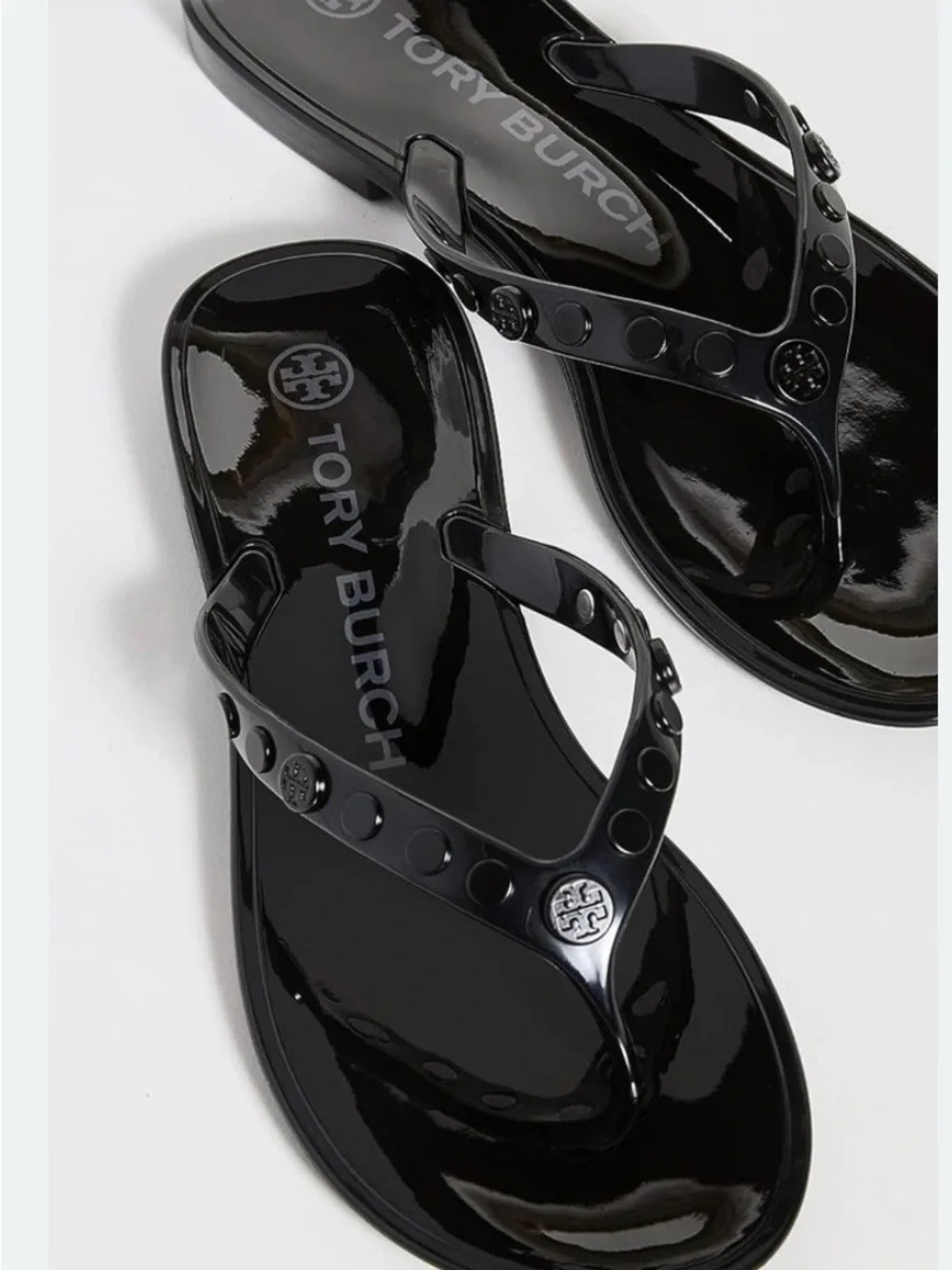 Tory Burch Studded Black Logo Jelly Thong Sandals